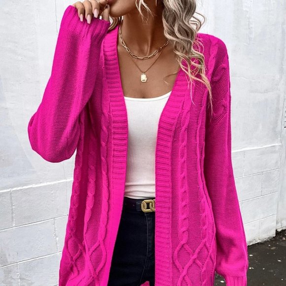. Sweaters - Hot Pink Casual Womens Cable Knit Drop Shoulder Cardigan